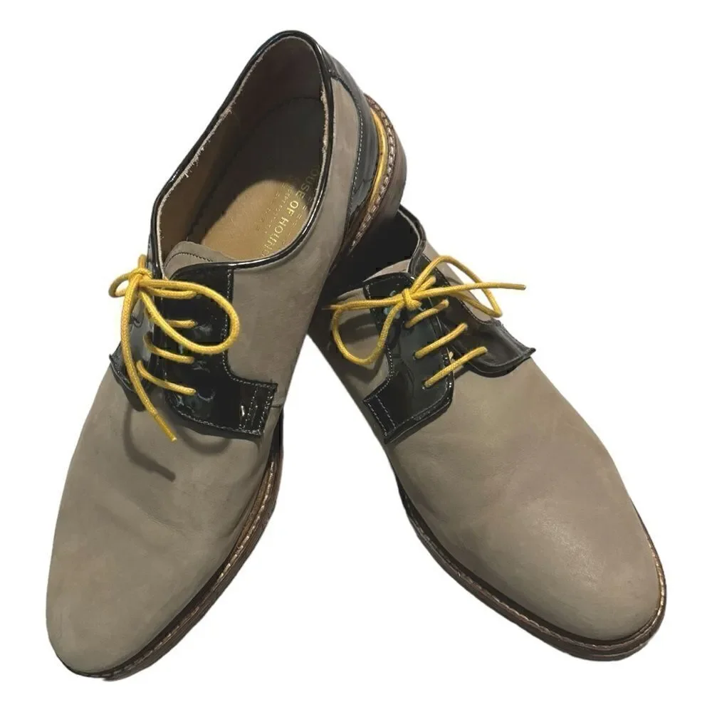 House of Hounds Men’s Lace-Up Oxford Tan Nubuck w/Brn Patent Leather Accents 11